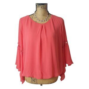 Womens Coral Chiffon Blouse M Bell Sleeves & Lace Trim By & By Chic Boho Coastal